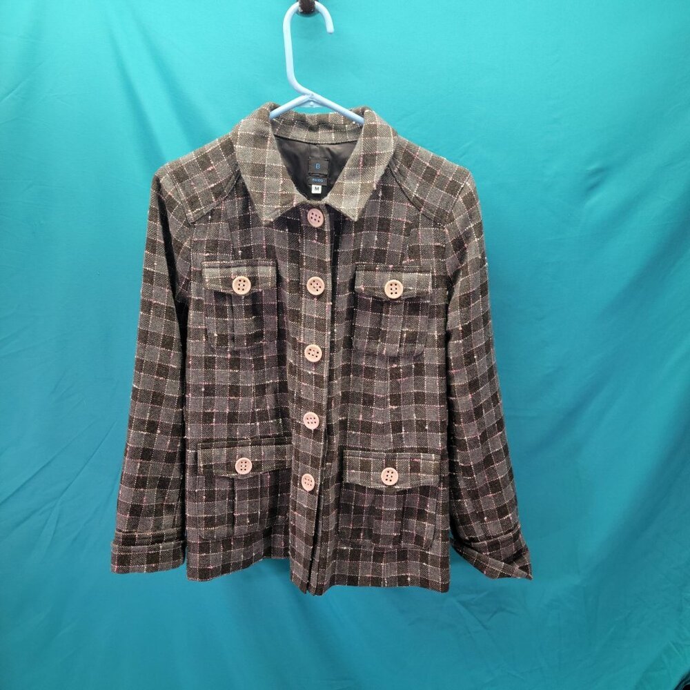 Baxis Womens Medium Plaid Wool Jacket With Button Front Closure & Pockets